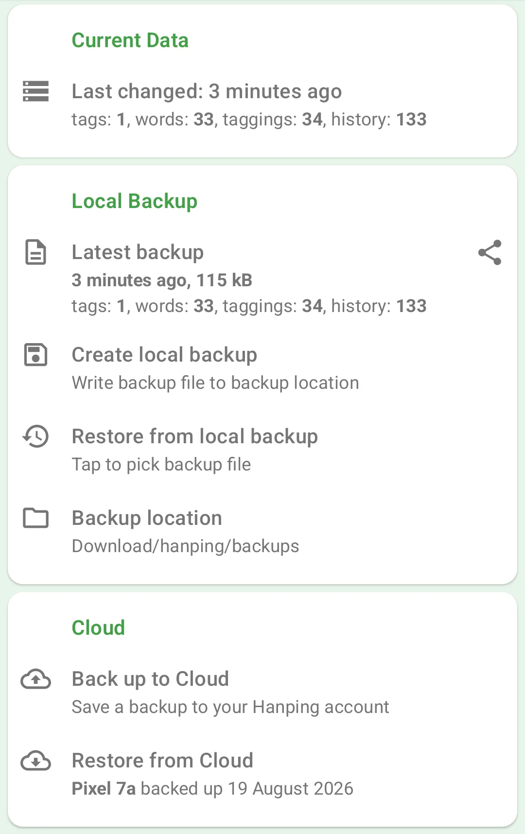 Backup/Restore screen showing the Current Data, Local Backup and Cloud sections