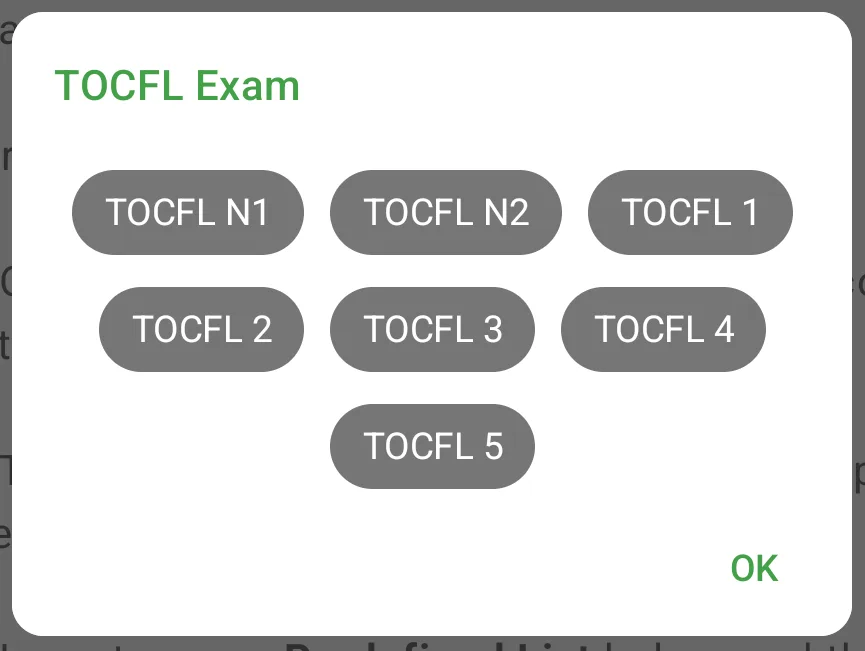 TOCFL Exam level picker showing bands N1, N2 and Levels 1 to 5